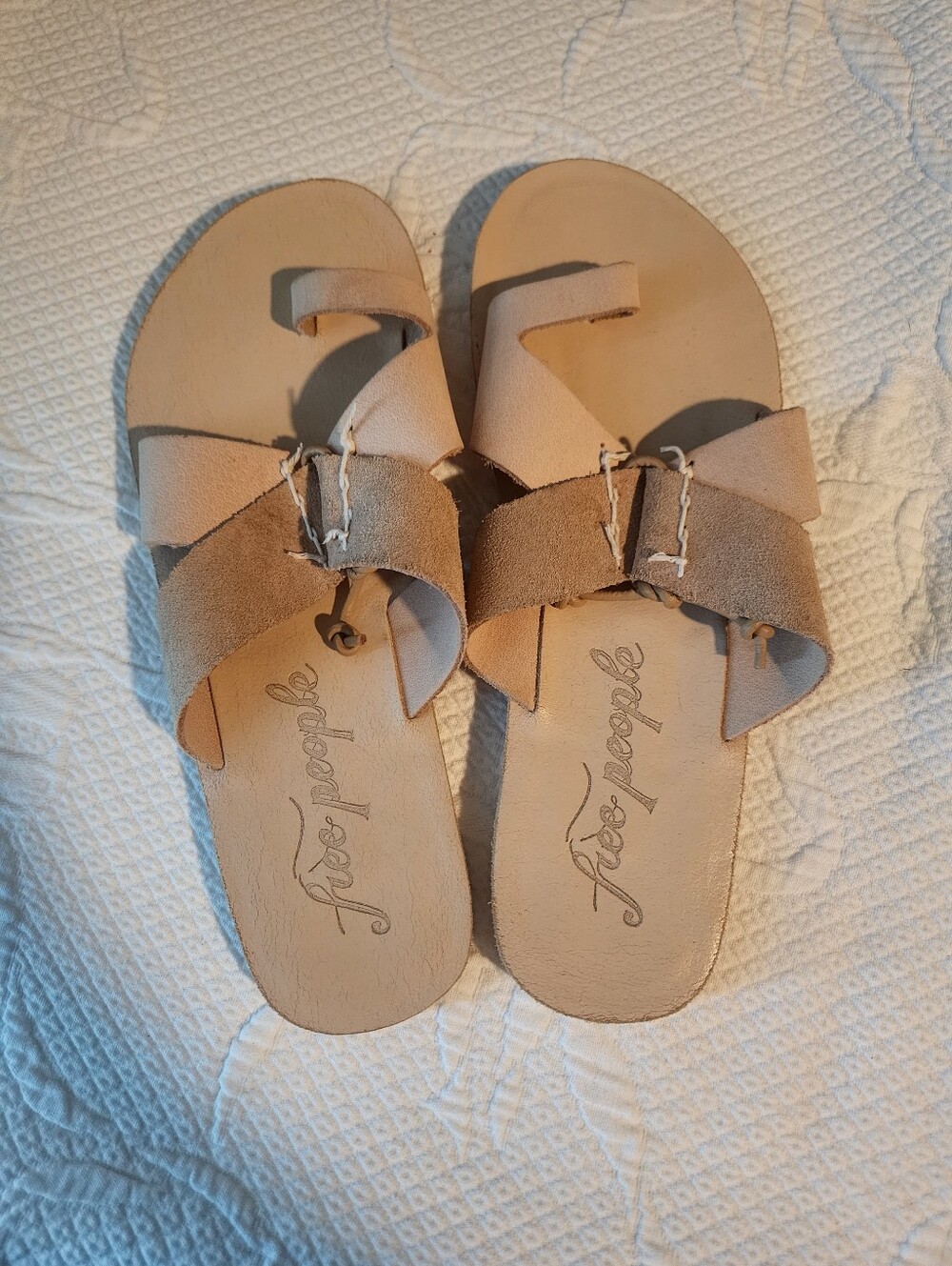 Free People Neutral Beige Suede Crisscross Slide Sandals